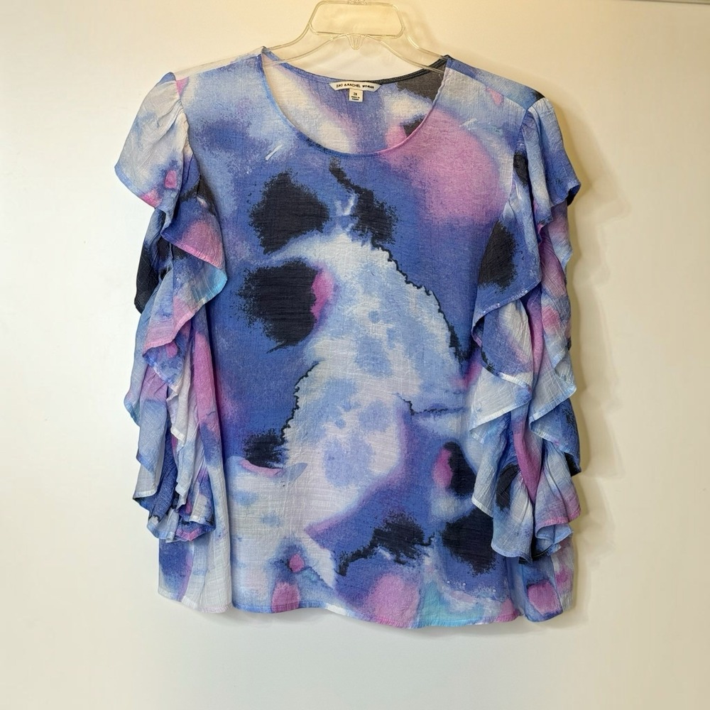 Zac & Rachel Womens 2X Flutter Sleeves Blouse Top Tie Dye Watercolor Pink Blue